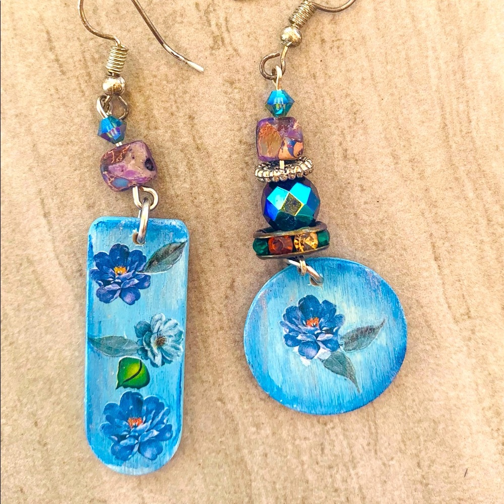 Blue floral wooden earrings